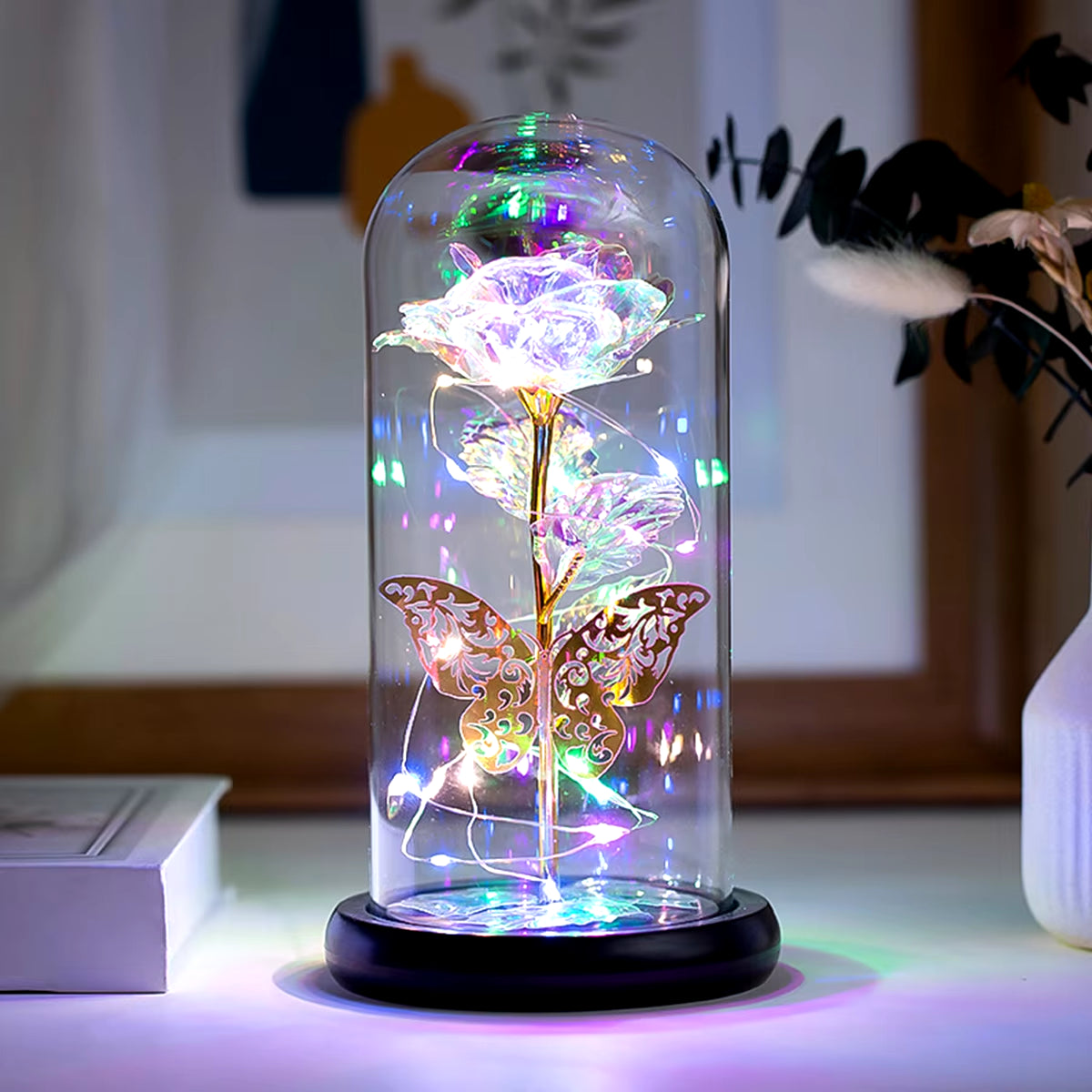 Rose Light Artificial Galaxy Rose Lamp with Butterfly and Colorful LED Rose Flowers in Glass Battery Powered Gifts for Wedding