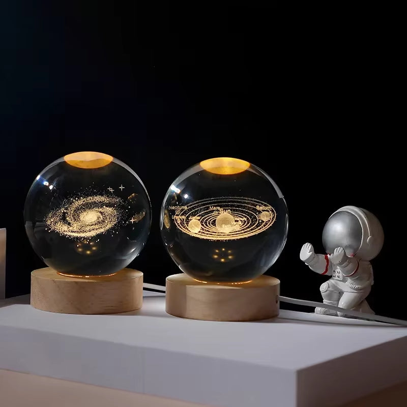 6/8Cm 3D Crystal Ball Planet Night Light Laser Engraved Solar System Globe Astronomy Festival Gifts Home Desktop Decoration