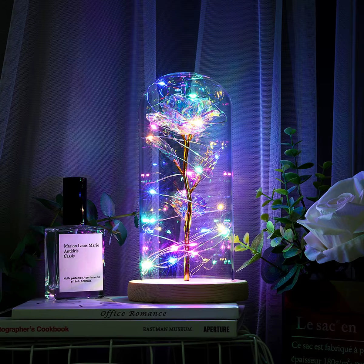 Rose Light Artificial Galaxy Rose Lamp with Butterfly and Colorful LED Rose Flowers in Glass Battery Powered Gifts for Wedding