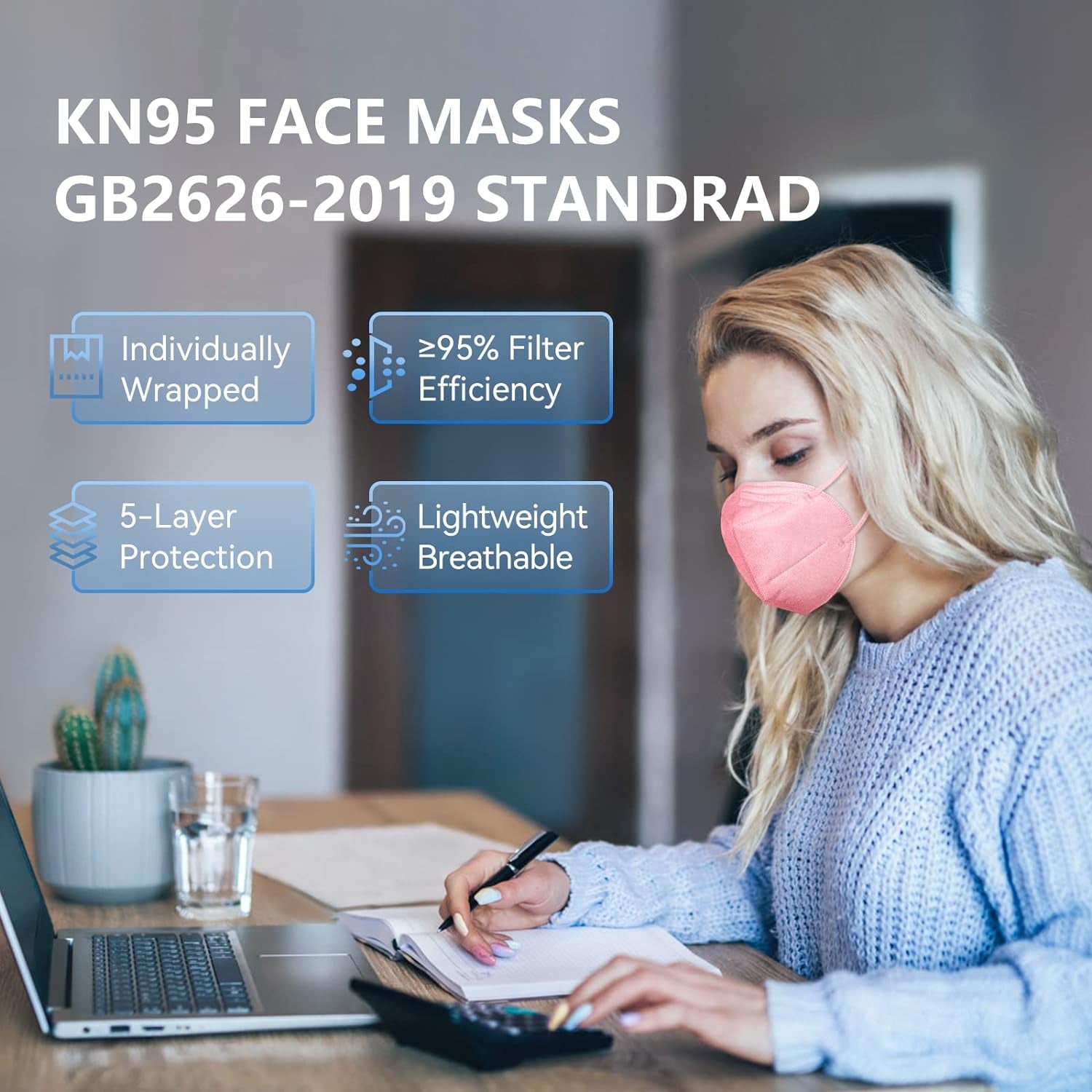 Individually Wrapped, 60 Packs KN95 Face Mask, 5-Ply Breathable Comfortable Safety Mask with over 95% Filtering(Black)