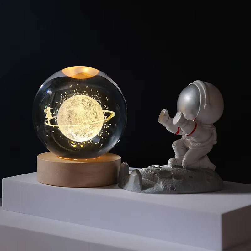 6/8Cm 3D Crystal Ball Planet Night Light Laser Engraved Solar System Globe Astronomy Festival Gifts Home Desktop Decoration