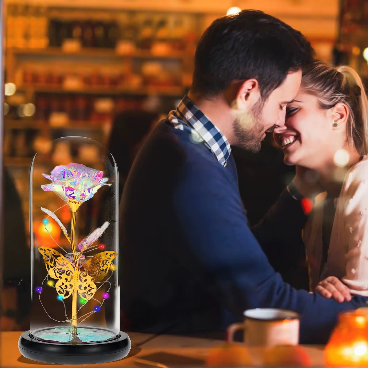 Rose Light Artificial Galaxy Rose Lamp with Butterfly and Colorful LED Rose Flowers in Glass Battery Powered Gifts for Wedding